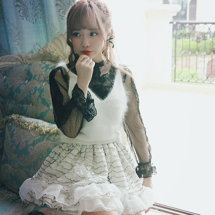 Princess sweet lolita skirt BOBON21 decoration Black and white striped soft waxy puff cake skirt A-line Sweet girl B1397