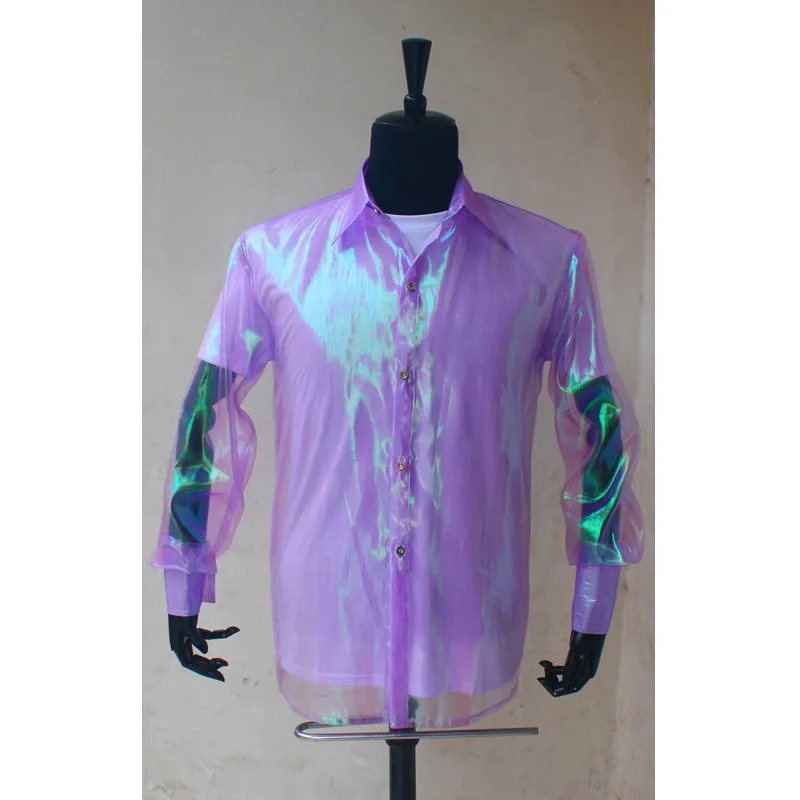 Rare PUNK Rock Casual Classic MJ iridescent purple twinkle organza button front This it it shirt Michael Jackson Costume