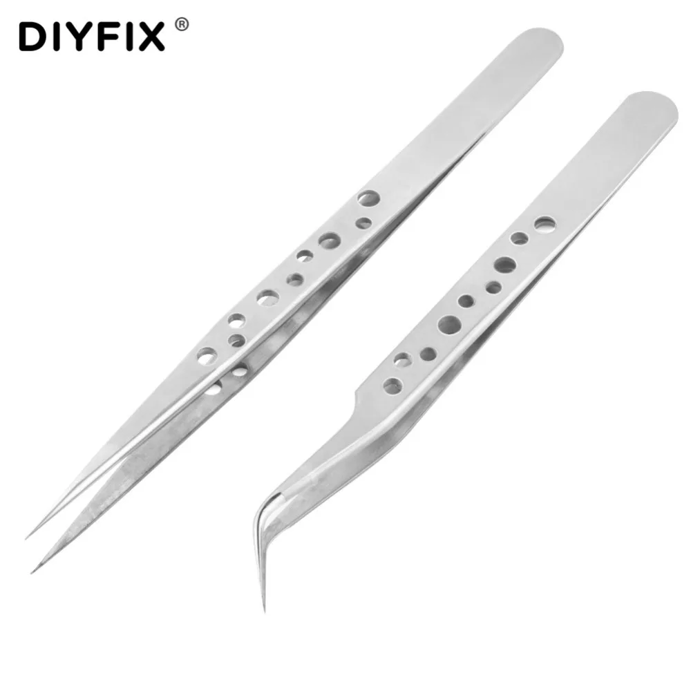 DIYFIX di Precisione Industriale Pinzette Anti-statica Etero Curvo Punte In Acciaio Pinze Riparazione Del Telefono Orologiaio Utensili A Mano Set