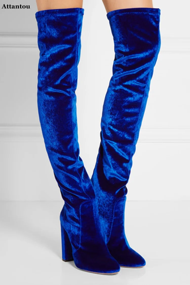 STARS LOVES royal blue velvet over the knee boots high heel Stretch Fabric fastening long boots dropship women dress wedge heels