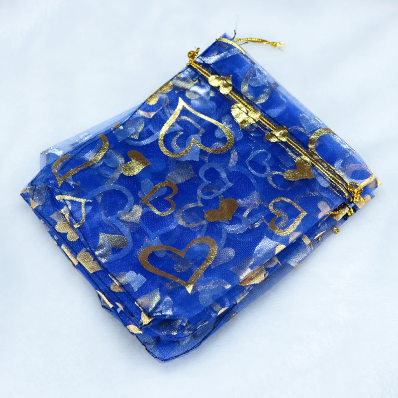 100pcs/lot 17x23cm Royal Blue Organza Bag Heart Design Wedding Cosmetics Jewelry Packaging Bag Pouches Cute Drawstring Gift Bags