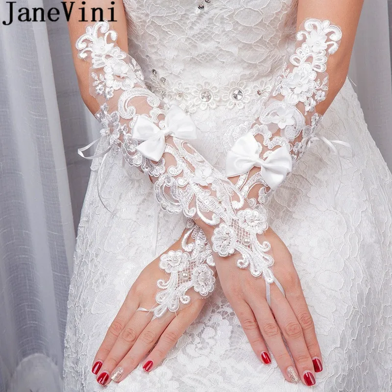 JaneVini White Long Fingerless Wedding Gloves With Pearls Bow Women Bridal Lace Aplique Wedding Glove Elbow Length Bride Gloves