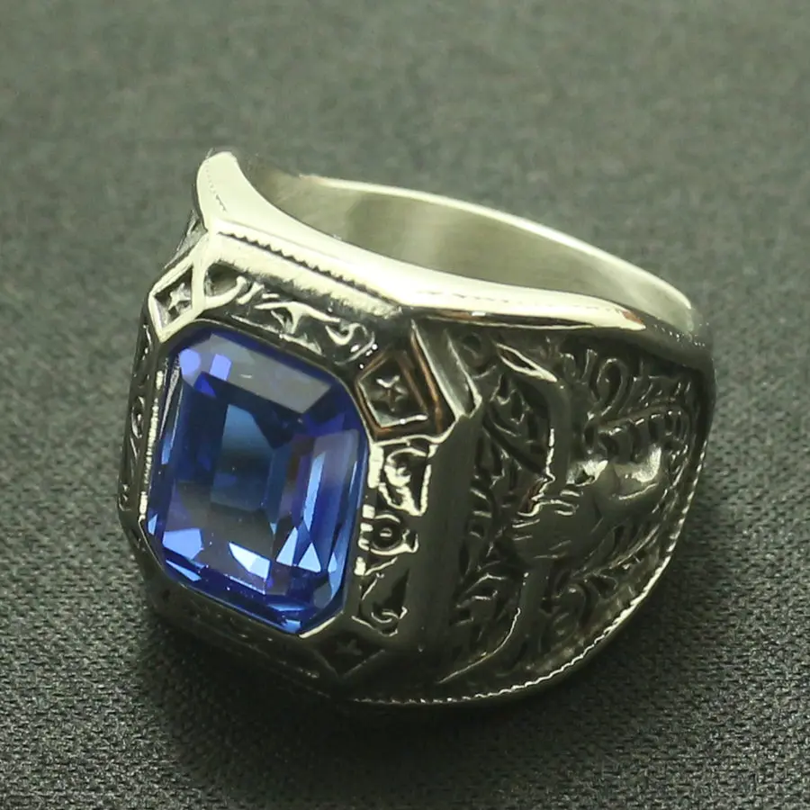 Cowboy Rhinoceros Horn Men Boys 316L Stainless Steel Cool Blue Stone Ring Great Gift For Friend