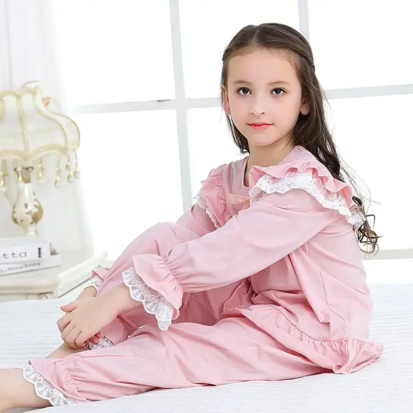 Newest Girls Pajama Set Kids Home Cloth Pyjamas Cotton Long Sleeve Lace Cute Princess Nightgown Retro Sweet Sleepwear Y1254