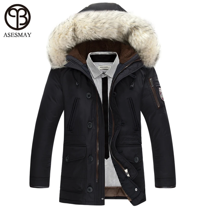 Asesmay Winter Men\'s Duck Down Jackets Coats Mens Fashion Thick Warm Big Wool Fur Hooded Plus Size Jackets For Men Winter Parkas