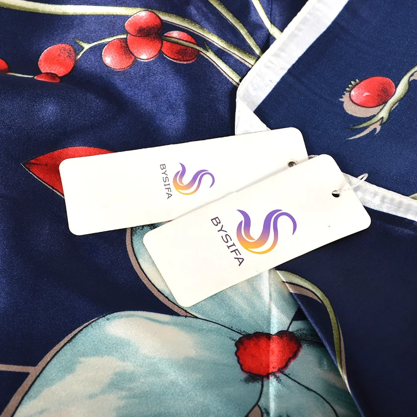 [BYSIFA] Women Navy Blue Satin Square Scarves Wraps New Brand Silk Scarf Shawl Spring Fall Floral Ladies Neck Scarf Cape 90*90cm