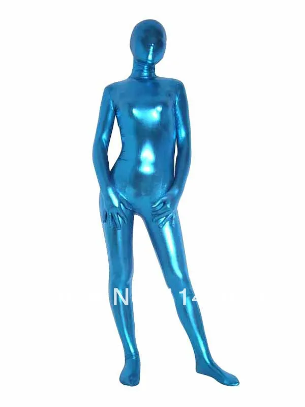 Traje zentai metálico brilhante de corpo inteiro azul claro