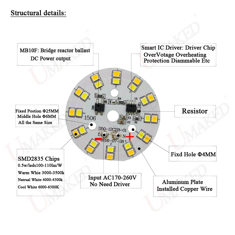 AC220V LED Module Dimmable PCB Light Aluminum plate 3 Color SMD2835 chip smart IC Driver PCB 3W 5W D44mm Downlight Bulb lamp DIY