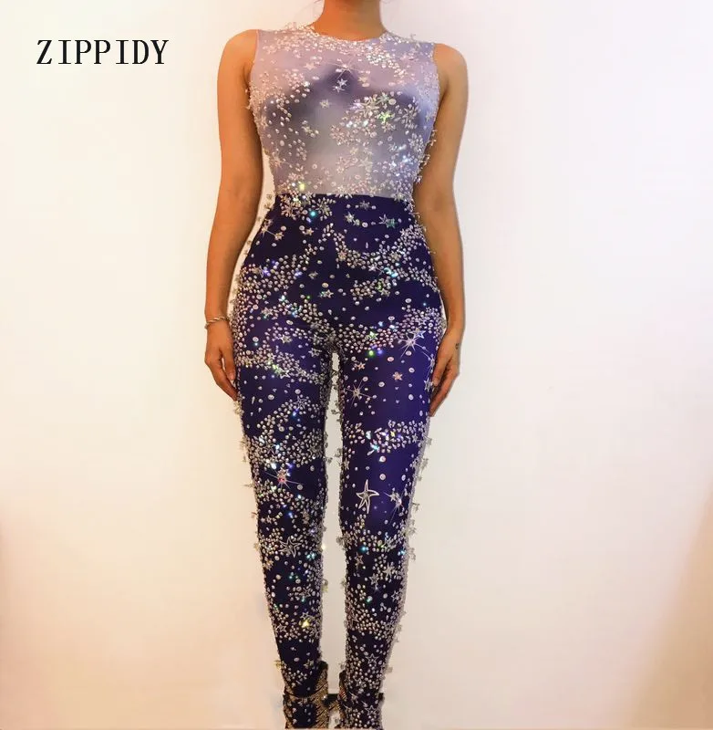 Sparkly Sterne Kristalle Blau Overall Glisten Strass Kostüm Body Bar Bühne Leistung Outfit Party Feiern Strampler