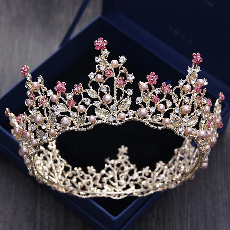 Tiaras y coronas de novia para mujer, corona redonda de hoja de flor rosa perla de cristal, corona grande para novia de boda, accesorios para el cabello, diadema