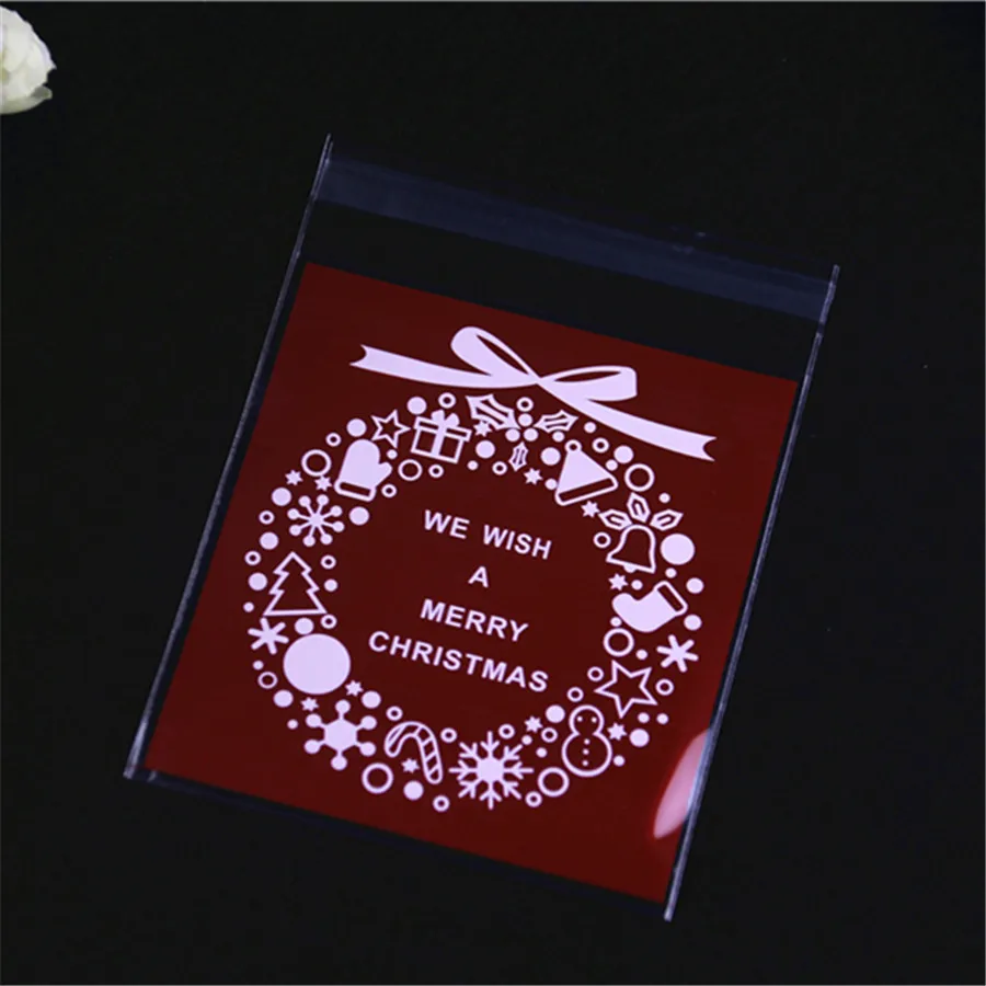 New Design 100pcs/lot 10x13cm Sachet Plastique Bonbon With Bow Self Adhesive Plastic Bags Christmas Candy Packaging