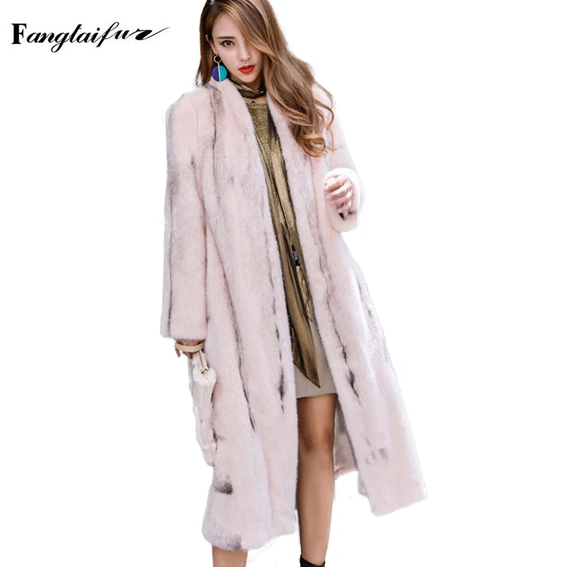 

Ftangaiur Winter Women Import Cross Velvet Mink Coat V-Neck Striped Causal Mink Jacket Women's X-Long Real Mink Fur Coats