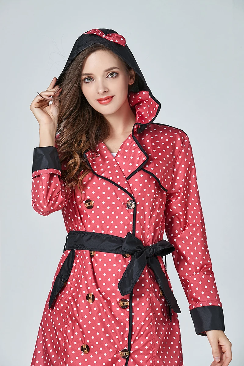 Freesmily Women Red Dots Bowknot Belt Stylish Rain Poncho Waterproof Raincoat with Hood