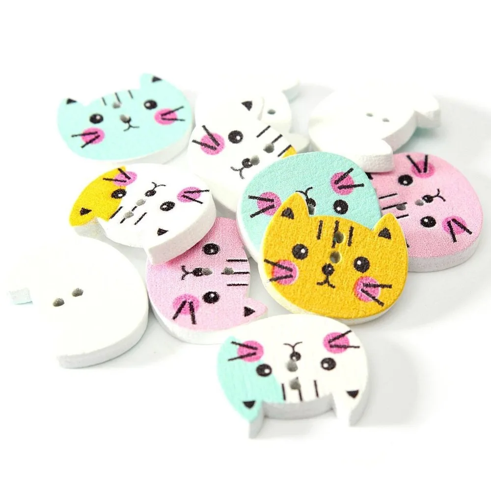 100pcs Animal Cat Wooden Button Sewing Scrapbooking DIY Craft Colorful 2 Holes  7NK155