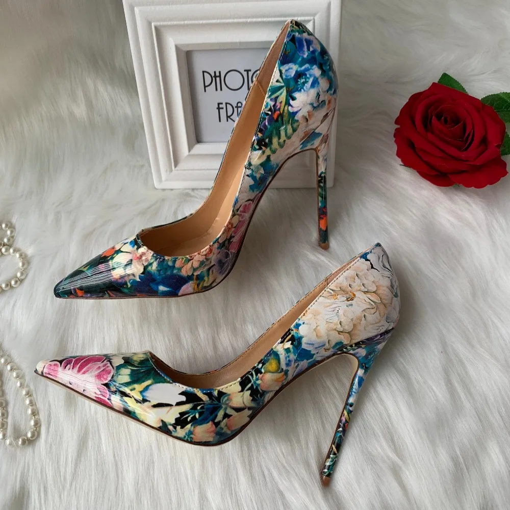 New designer blue with pink flower patent leather pointed toe luxury ladies heels women 12cm high heel shoes pump size 45 33