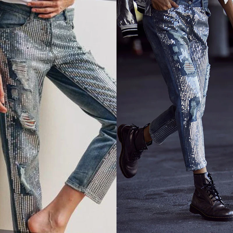 High Waist Ripped Jeans Women Hipster Straight Leg Pants Sequin Denim Trousers Street Stylish Harajuku Boyfriend Chic Outfits