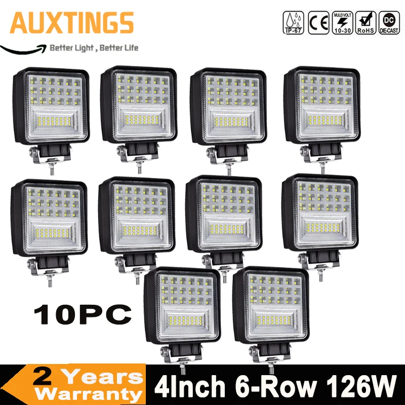 

10pc 4Inch 126W 6-Row LED Work Light Offroad Led Bar Lights Fog Lamp for 4x4 SUV ATV Boat Trucks Driving Light 12V 24V