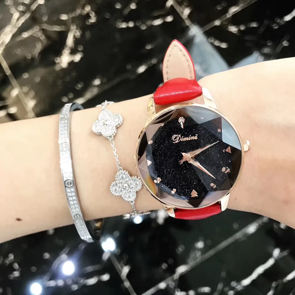 Tempting Red Watches for Women Party Dress Wrist watch Quartz Waterproof Real Leather Strap Watch Multi Cutted Six Star Crystal