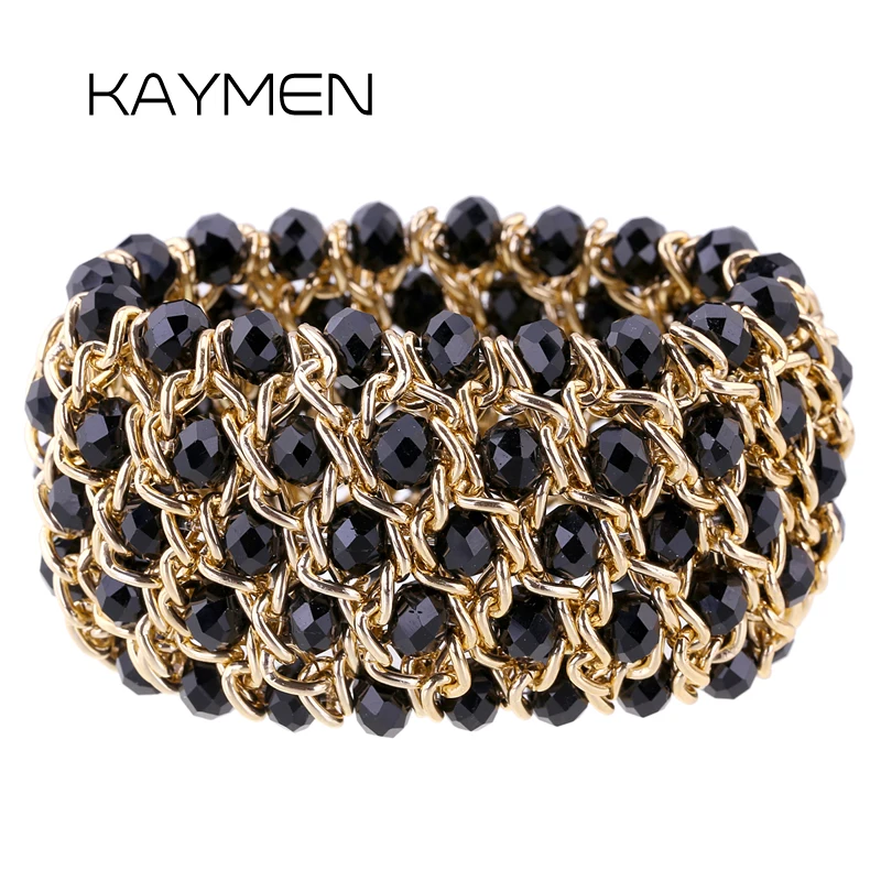 KAYMEN Fashion Statement Crystal Bracelet Elastic Bangle for Women Handmade Knitting Bib Chunky Bracelet Fashion Party Jewelry