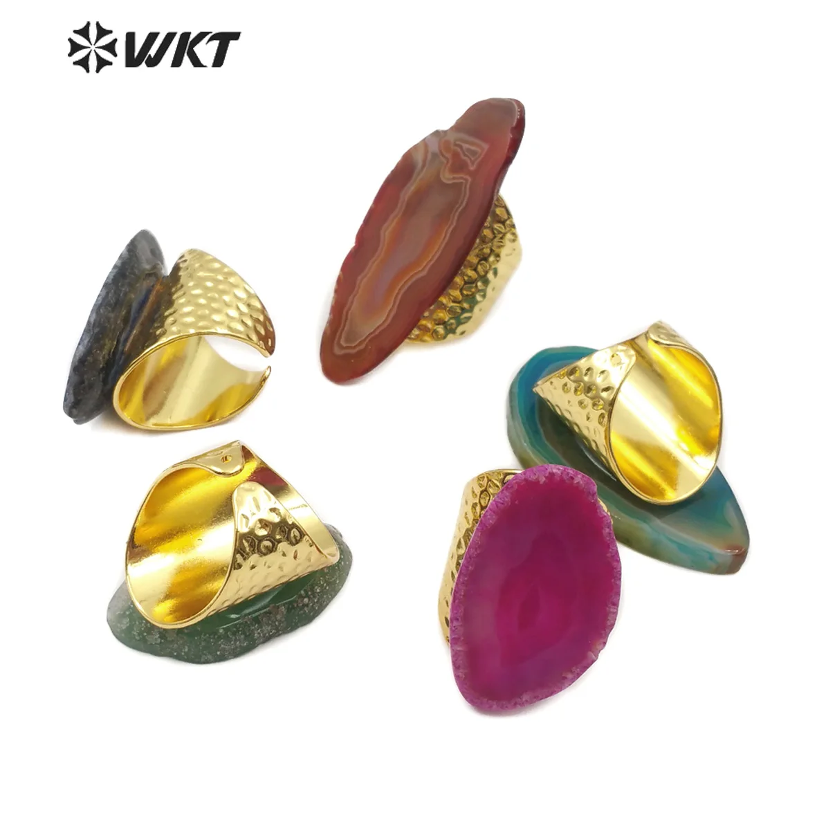 WT-R334 WKT Natural Slice Agates Ring Irregular Shape Large Stone Gold Ring Multi Color Gem-stone Jewelry Unique Gift For Women