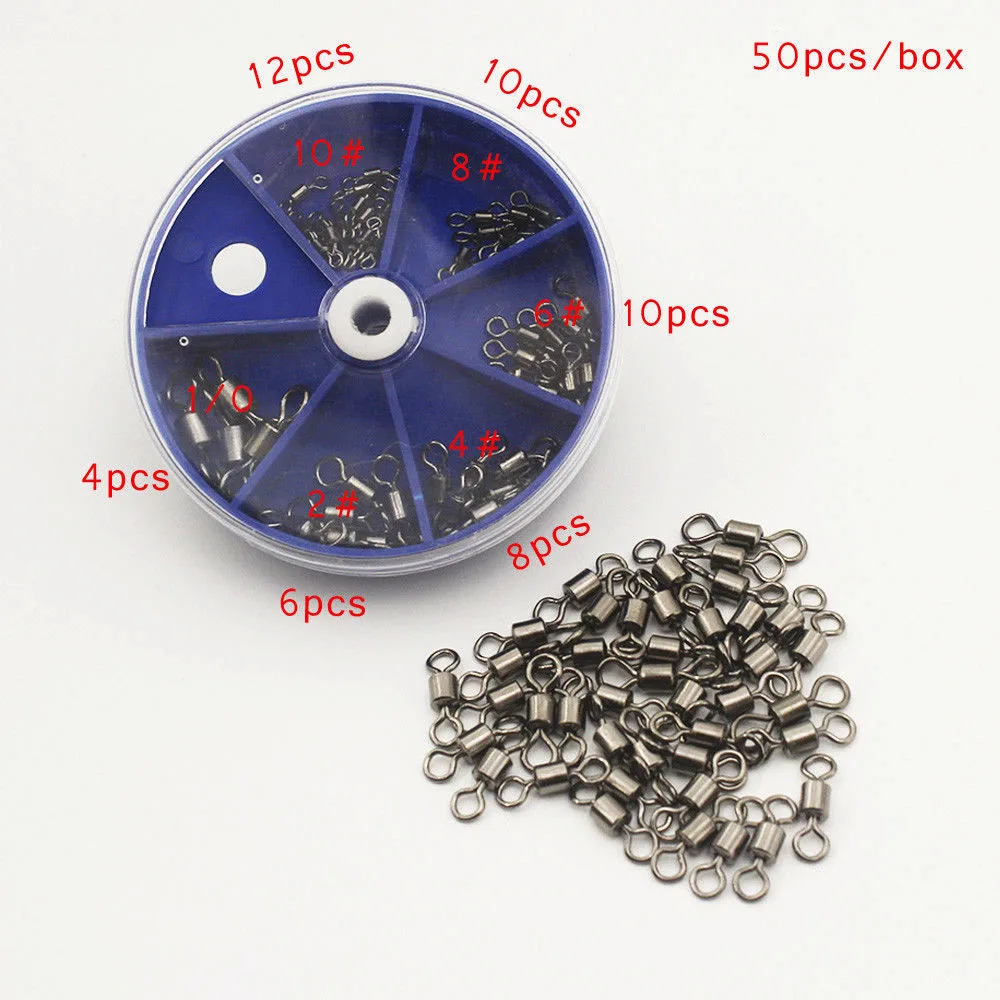 Hyaena 50pcs/Box Brass With Black Nickle Coated Fishing Barrel Bearing Rolling Swivel Tackle Connector 2#/4#/6#/8#/10#/1/0