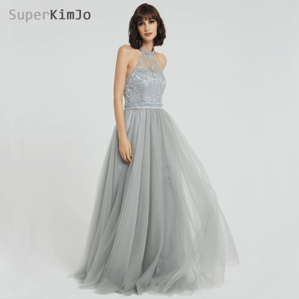 Superkimjo halter frisado vestidos de baile 2019 vestido de formatura longo sem costas sexy cinza vestido de baile elegante