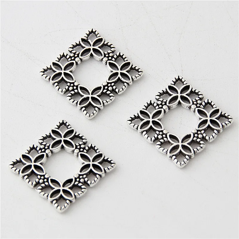 40pcs  Silver Color Little Mini Square Wreath Charms Nature Flower Pendant For Women  Finding Jewelry Accessories 16mm A3052