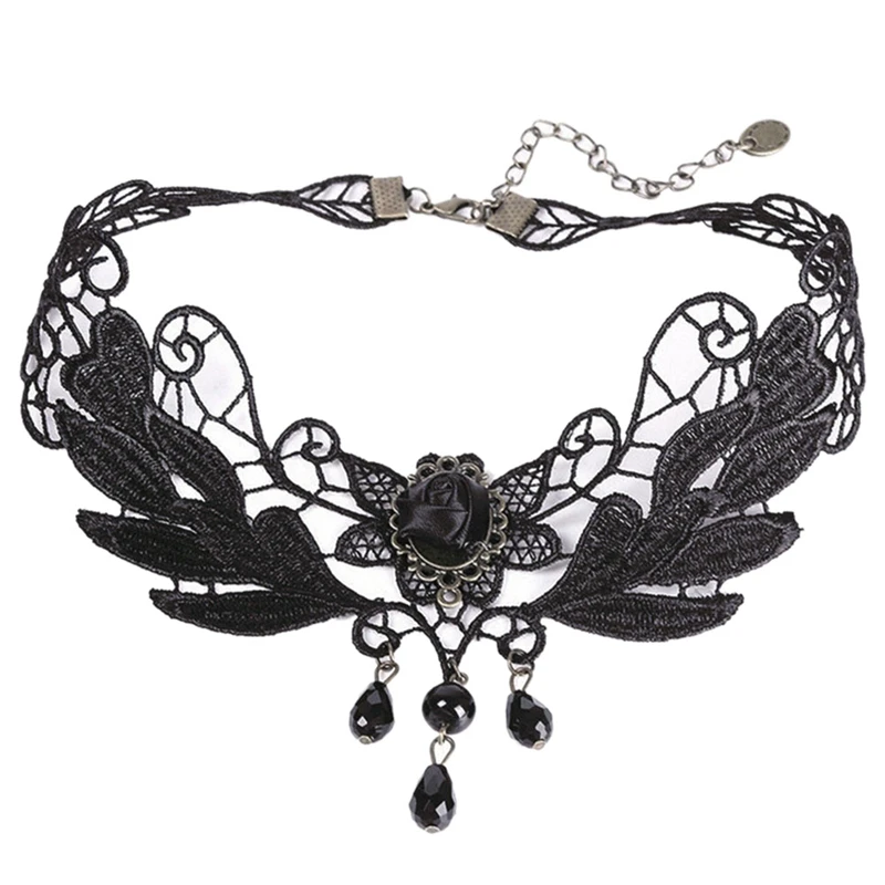 1PC Gothic Jewelry False Collar Statement Necklace Women\'s Style Black Fabric Rose Flower Beads Pendant Choker Lace Necklace