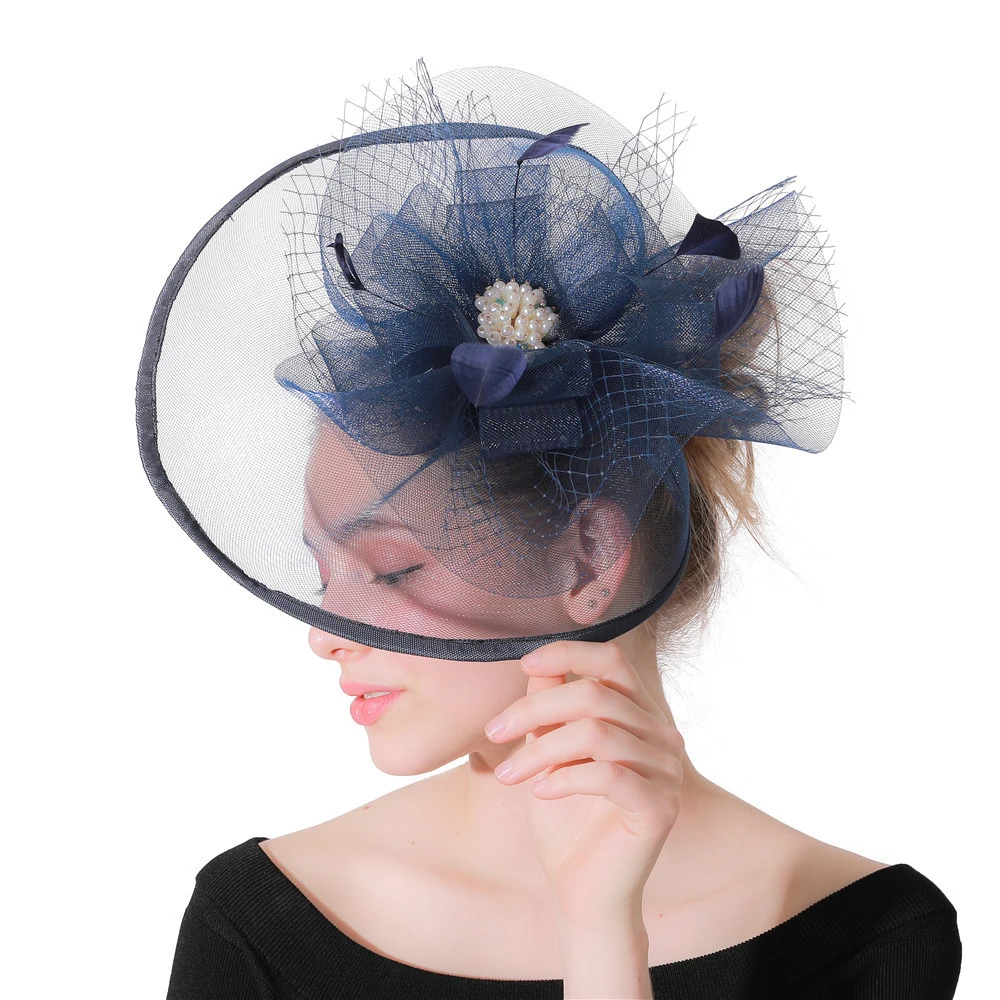 Navy Blue Tulle Birde Wedding Hat Bridal Headpiece Headwear Wedding Accessories Women Fascinator