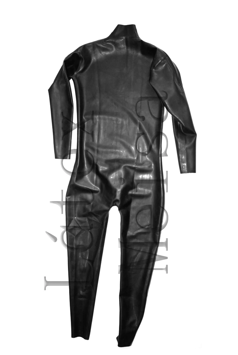 Novelty heavy 0.6mm thickness black Zentai latex catsuit with shoulder zips and JJ pe nis holes and codpiece for men