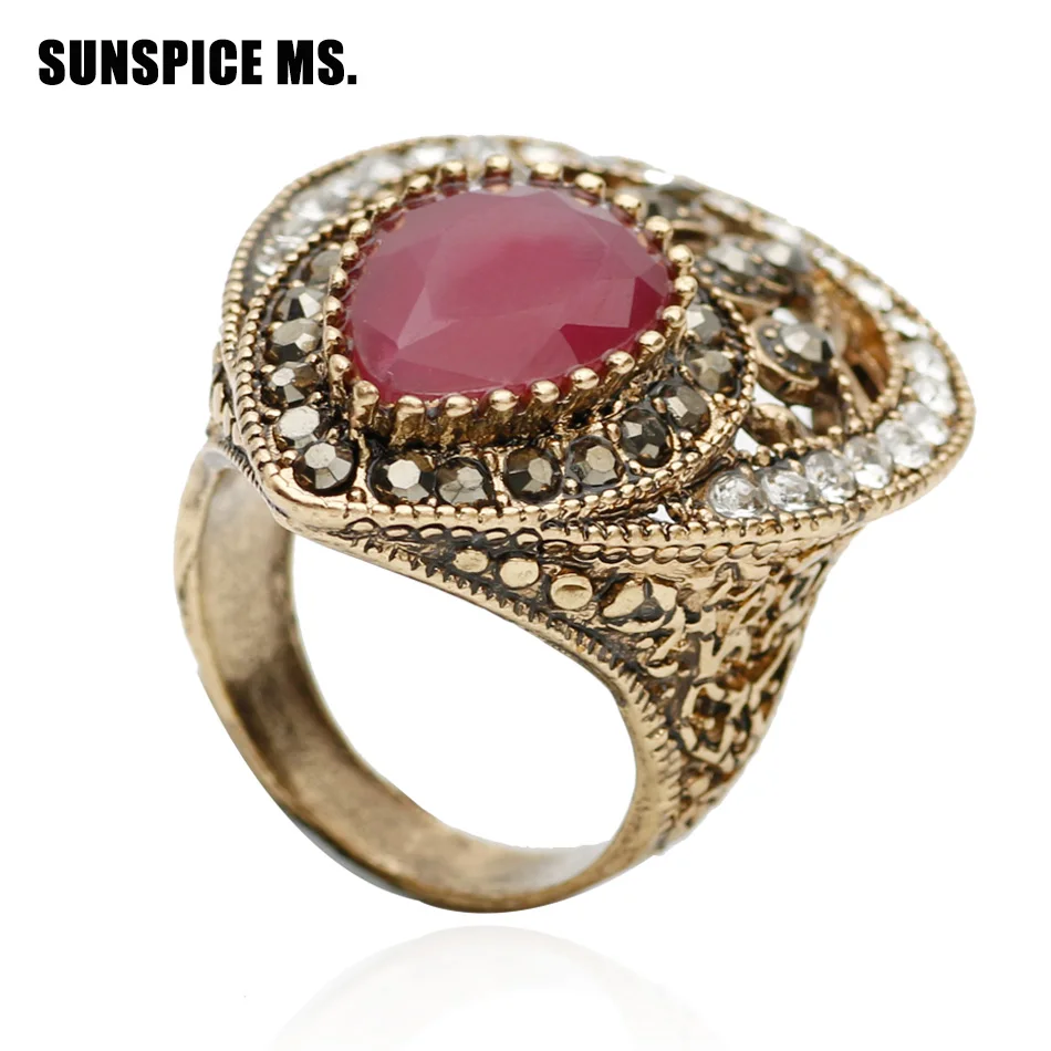 Vintage Turkish Hollow Flower Finger Rings Women Water Drop Resin Crystal Rings Antique Gold Color Jewelry Ethnic Wedding Ring