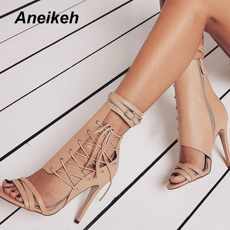 Aneikeh Roman Buckle Strap Shoes Women Sandals Sexy Gladiator Cross-Tied Lace Up Peep Toe High Heels Ankle Boots Black Aprict