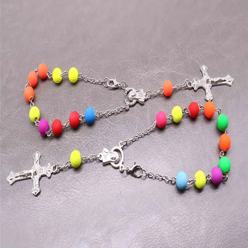 8 Rosary Colorful Charm Bracelet Rosary New Ladies Beaded Bracelet with Cross, Jesus Pendant Catholic Religious Bracelet.48pcs