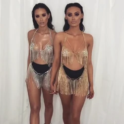 2019 Sexy wiosna lato Backless pajacyki kobiet kombinezon luksusowe Glitter Metal Fringe Tassel Playsuit przepuszczalność body na plażę