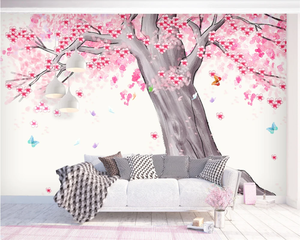 Custom size wallpaper simple hand-painted watercolor cherry tree scenery TV background wall decoration murals 3d wallpaper