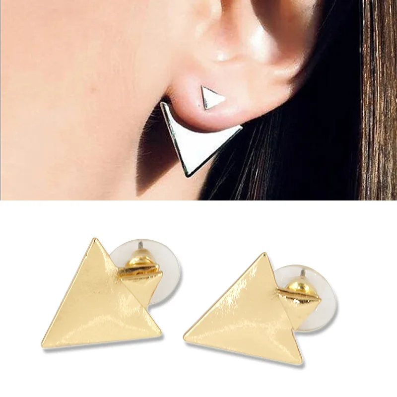 Modern Simple Style Small piercing Triangle Big Triangle Pendant Golden Silver Plated Alloy Stud Earrings for Women