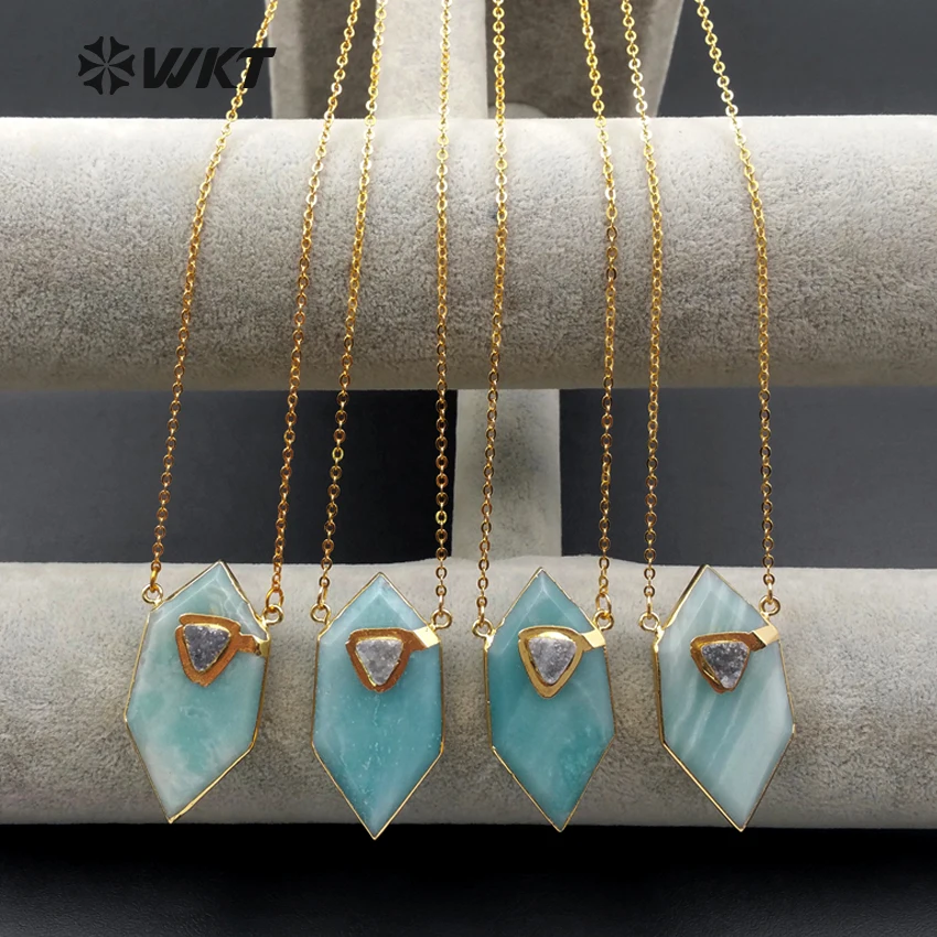 WT-N1067 WKT Fashion Natural Stone Necklace With Tiny Druzy Stone Decoration Necklace In Geometic Shape Pendant Necklace