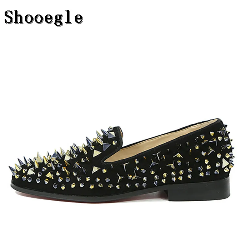 SHOOEGLE Newest Men Handmade Studs Spike Shoes Black Sliver Gold Glitter Loafers Shoes Runway Shining Rivets Party Wedding Shoes