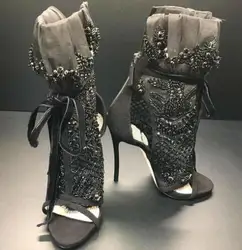 Botines elegantes de encaje con punta abierta para mujer, botas de tacón alto con cordones, cubierta de cristal negra de lujo