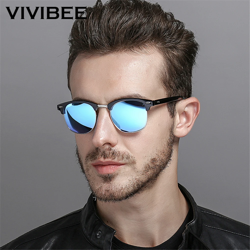 VIVIBEE Classical Square Men Sunglasses Woman Sun Glasses Polarized Man Blue Mirror Lens Driver Top Quality Polarised Shades