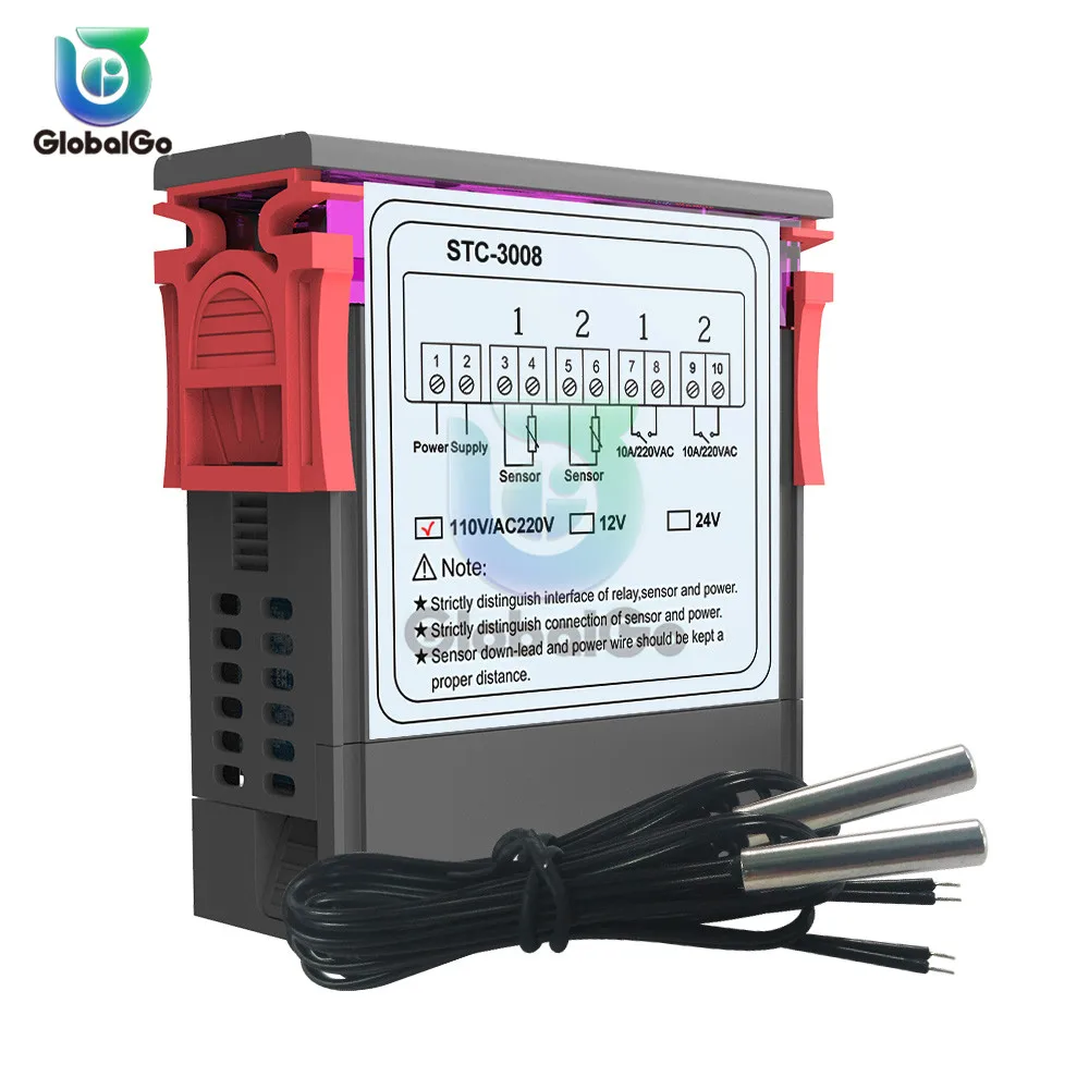 Imagem -02 - Termostato Bidirecional com Sonda Dupla Controlador de Temperatura Sensor Bidirecional Saída de Relé Bidirecional Ac110220 v Dc24v 12v Stc3008