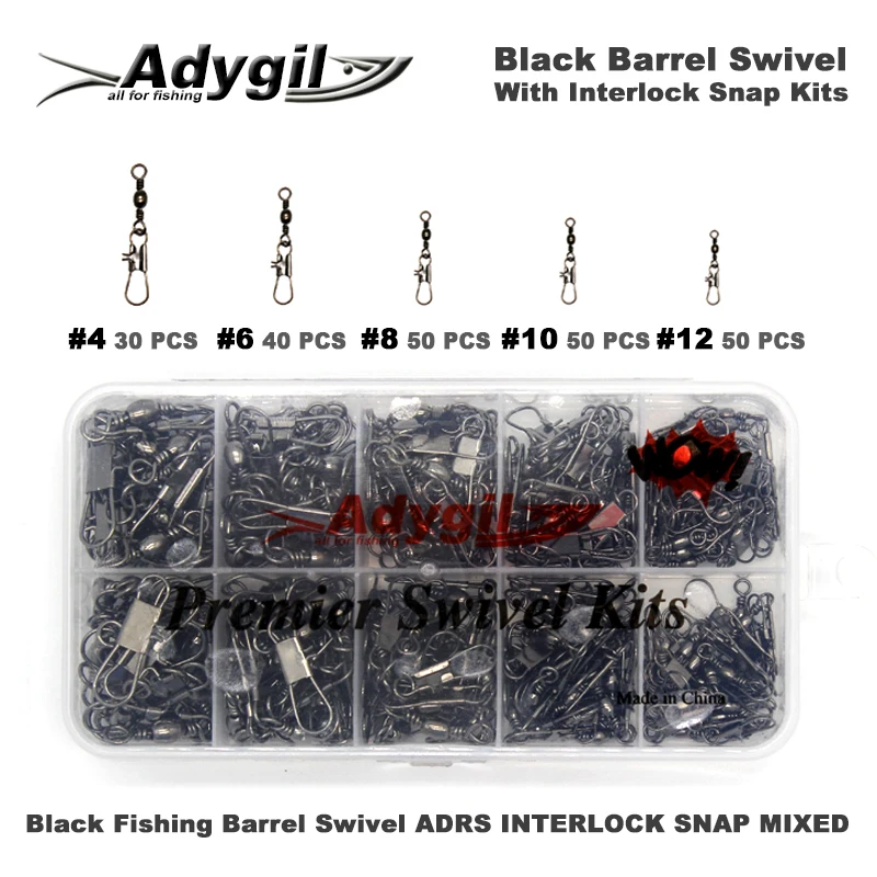 Adygil Black Fishing Barrel Swivel With Interlock Snap Kits ADBS INTERLOCK SNAP MIXED #4 #6 #8 #10 #12 220pcs/lot