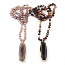 Fashion Bohemian Jewelry Gray/Brown Agat Stones Knotted Drop Stone Pendant Necklaces For Women Ethnic Necklace