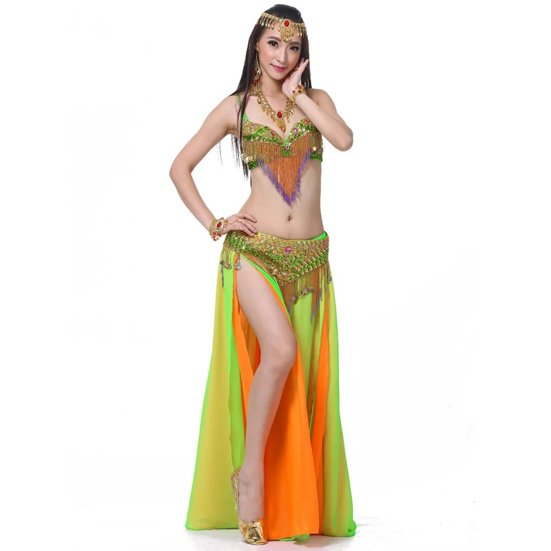 Professional Women Dance Wear 3 Pieces Outfit Double Colors Oriental Style Beaded Belly Dance Costume Set (Bra Belt Skirt)