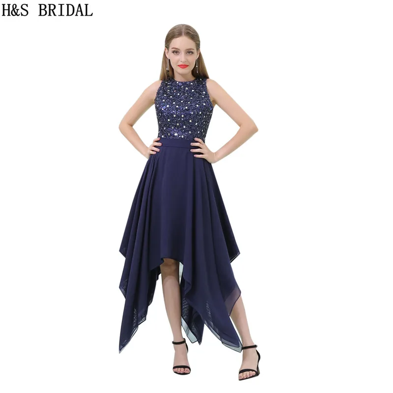 H & S DA SPOSA Caviglia-Lunghezza Navy Blue abiti da sera corto partito Chiffon Abito Da Sera di Cristallo del partito di sera robe de mariee