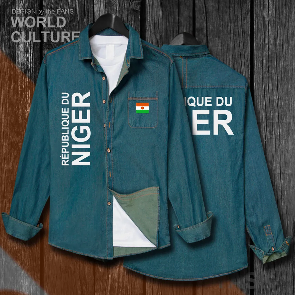 

Niger Nigerien NE NER Men Flags Clothes Spring Autumn Cotton Long Sleeve Cowboy Casual Coat Fashion Turn-down Collar Jeans Shirt
