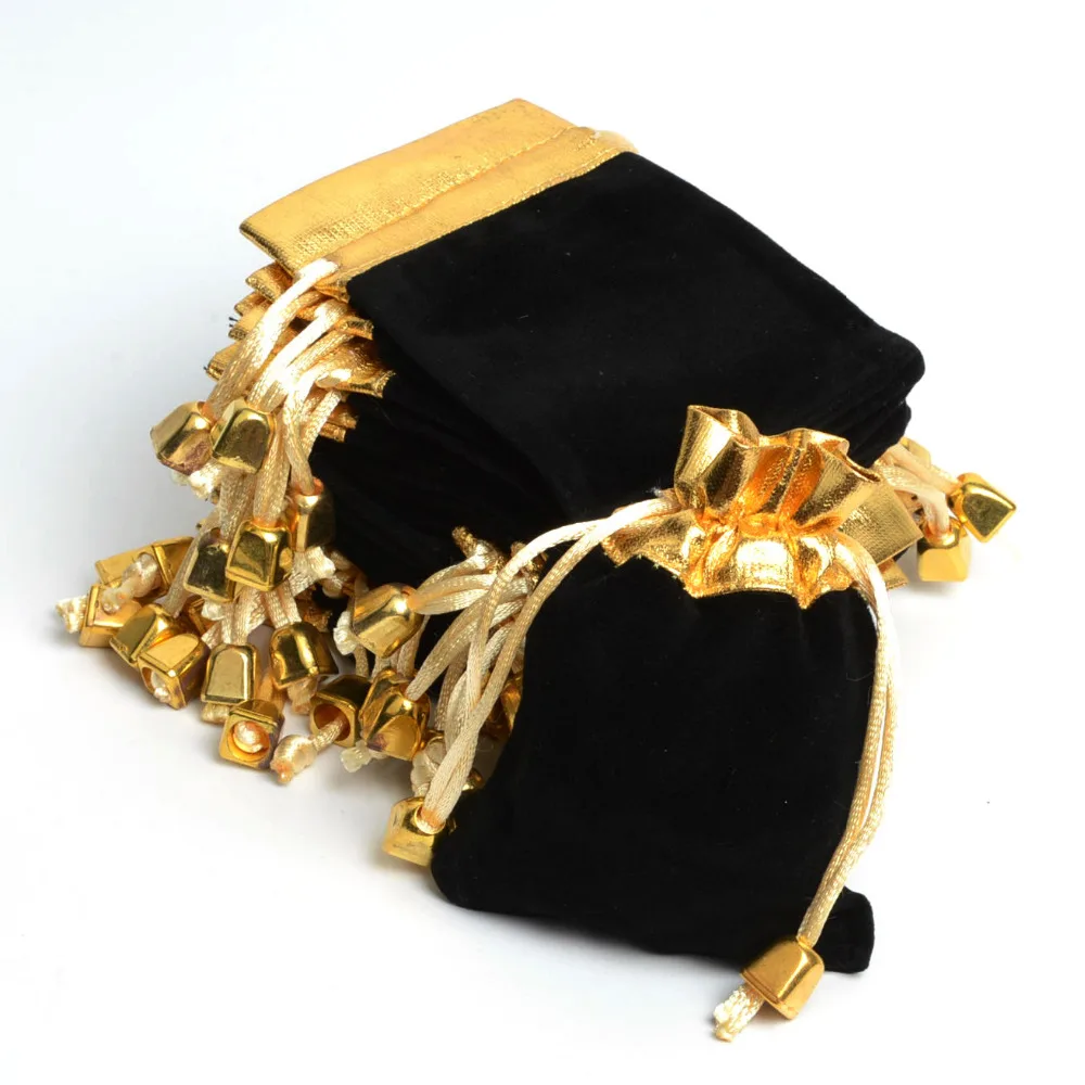 50Pcs Vintage Velvet Bag Gold Color Trim Drawstring Gift Bags Wedding Jewelry Packaging Pouches Candy Coin Bags 9.5x12cm 