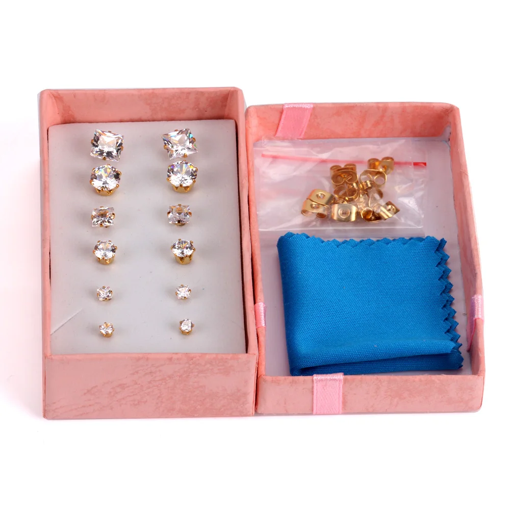 LUXUKISSKIDS 6Pairs/Box Shiny Zircon Stainless Steel Stud Earrings Set Korean AAA Crystal Jewelry Golden Piercing For Women Gift