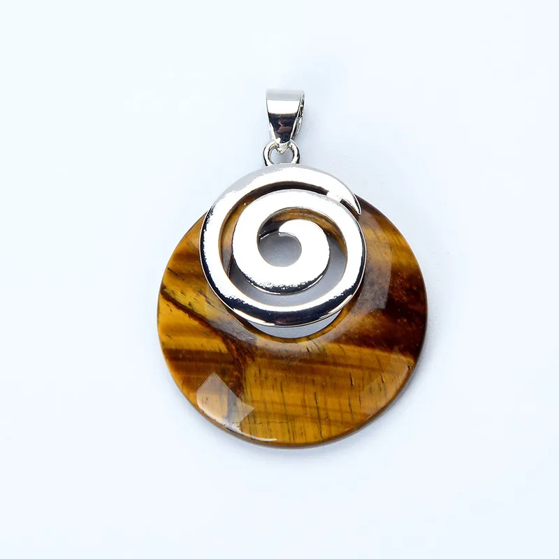Natural Stone Pendant for Necklaces Hollow Out Round Spiral Metal Charms Purple White Crystal Tiger Eye Aventurine Reiki Jewelry
