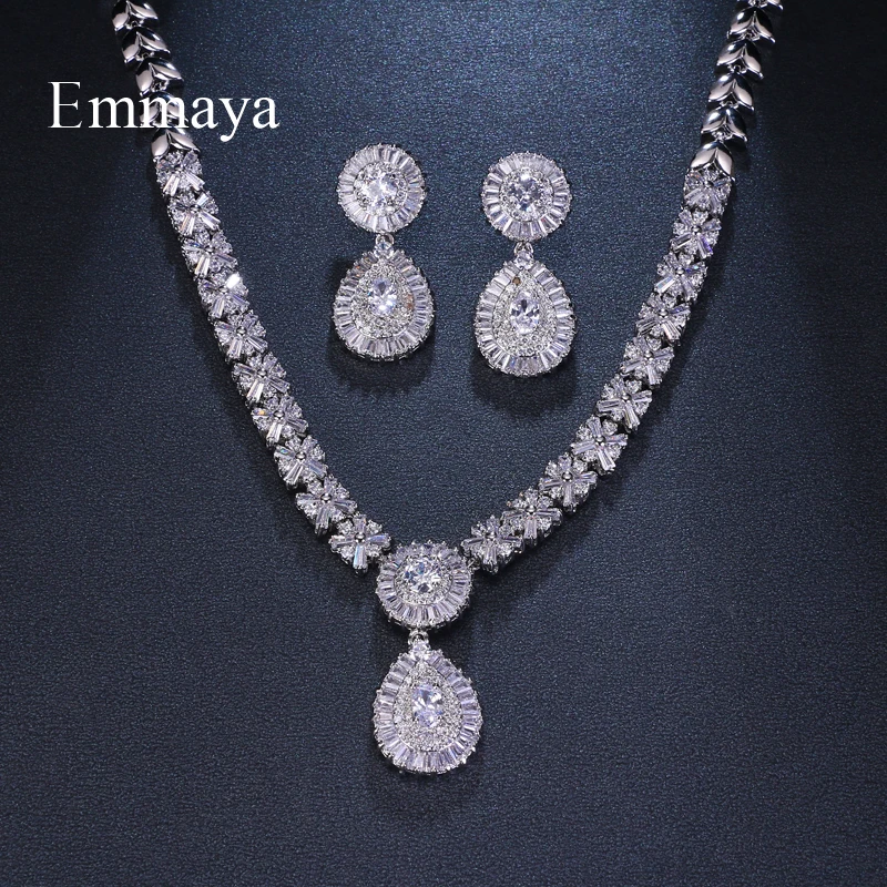 Emmaya Brand Charm Gorgeous Cubic Zircon White Gold Color New Crystal Earrings Necklace Set For Women Bride Jewelry Gift